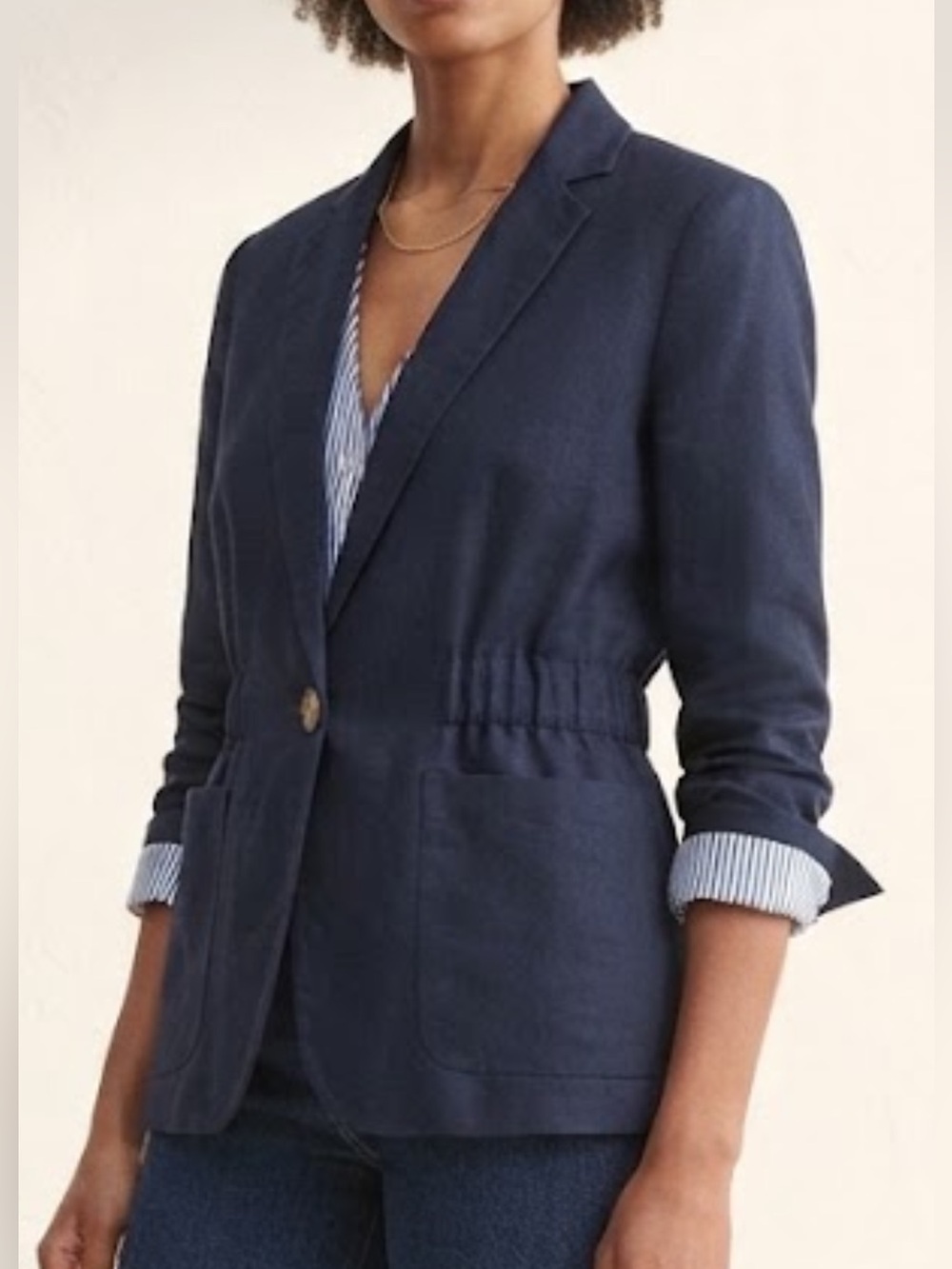 Ann Taylor Weekend Linen Blend Blazer 12P Petite Elastic Waist Single Button